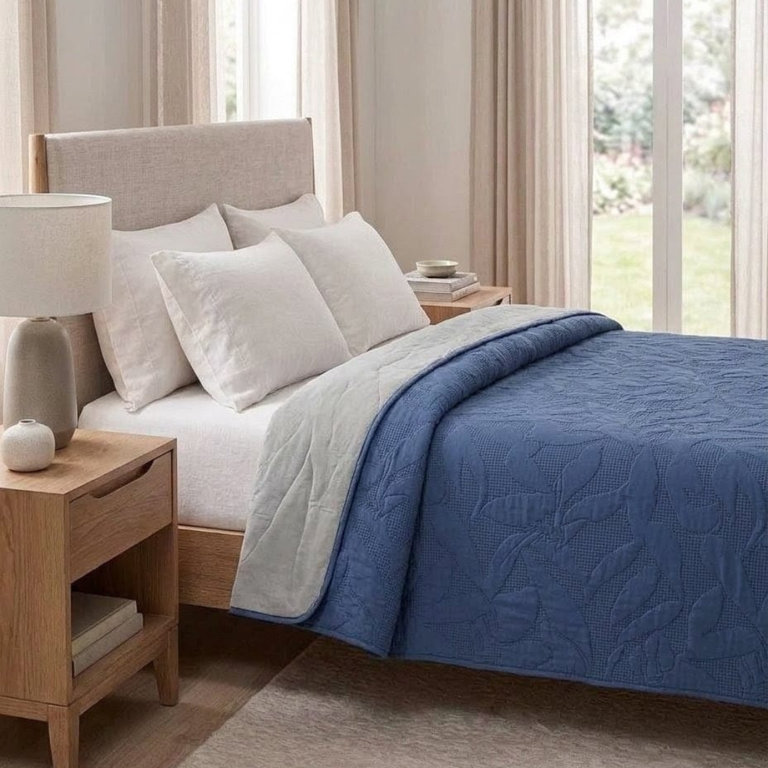 Reversible Dyed Bedspread | Tropical Leaf Texture | Navy Blue | Silver Grey
