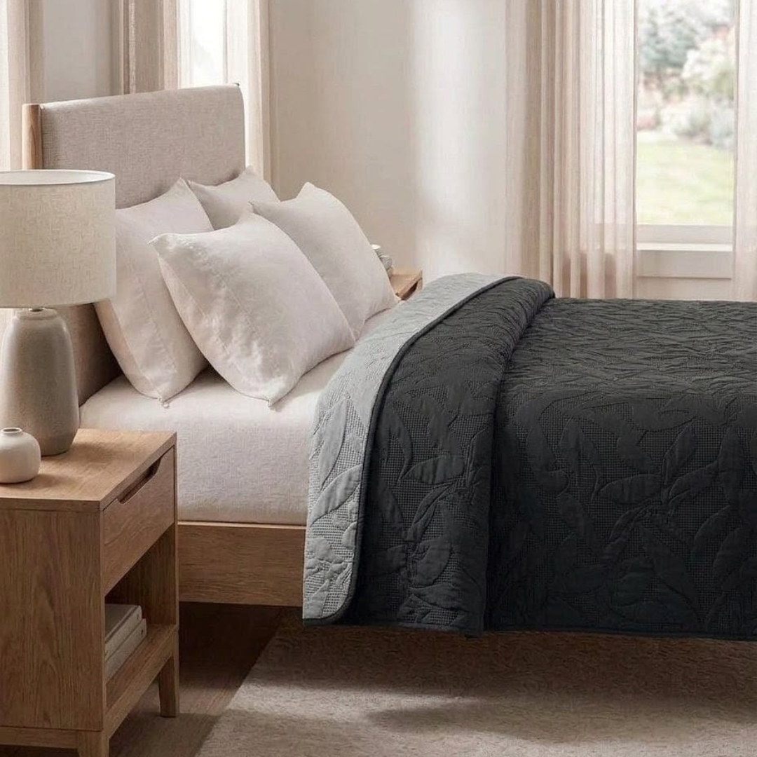 Reversible Dyed Bedspread | Tropical Leaf Texture | Black | Grey
