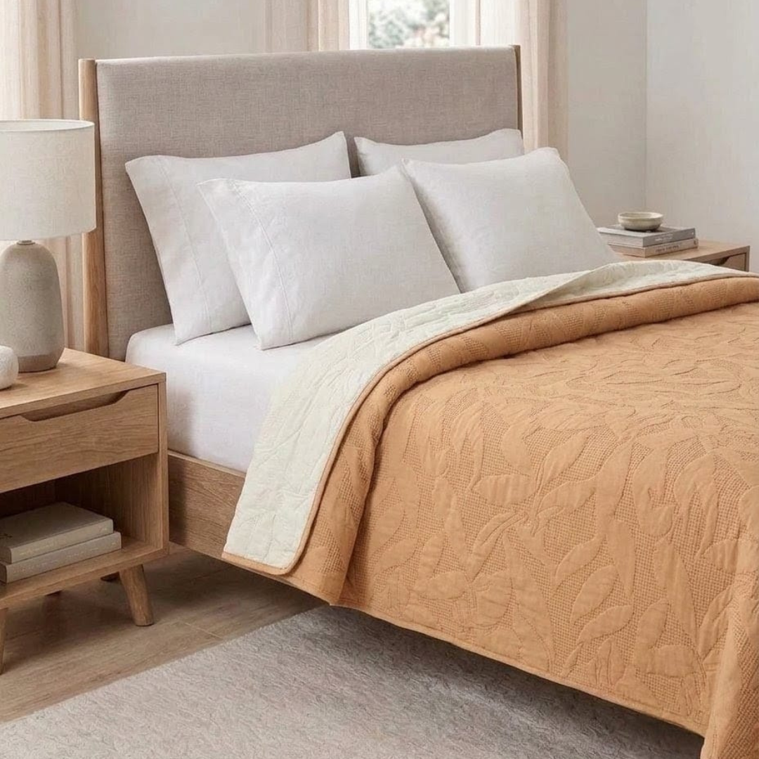 Reversible Dyed Bedspread | Tropical Leaf Texture | Camel | Cream