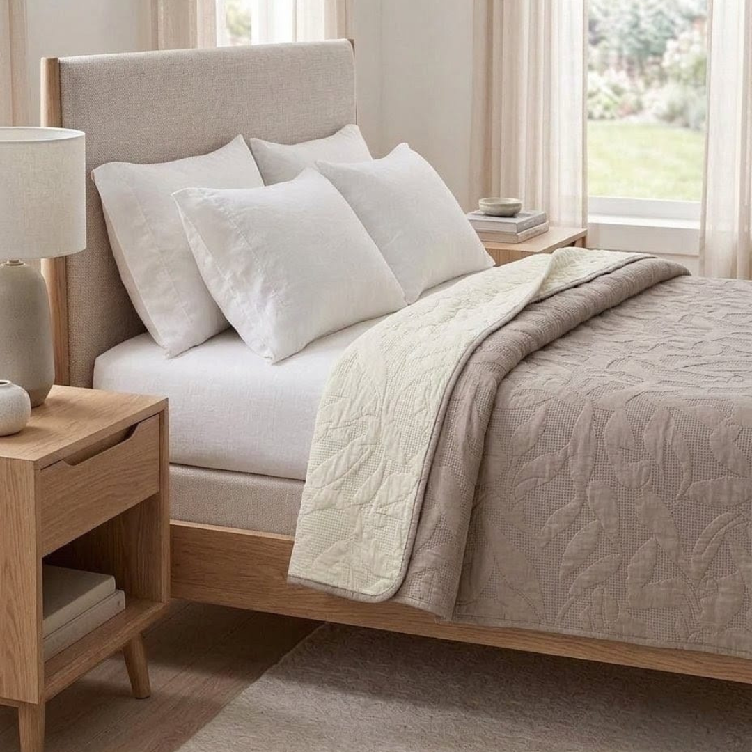 Reversible Dyed Bedspread | Tropical Leaf Texture | Beige | Cream