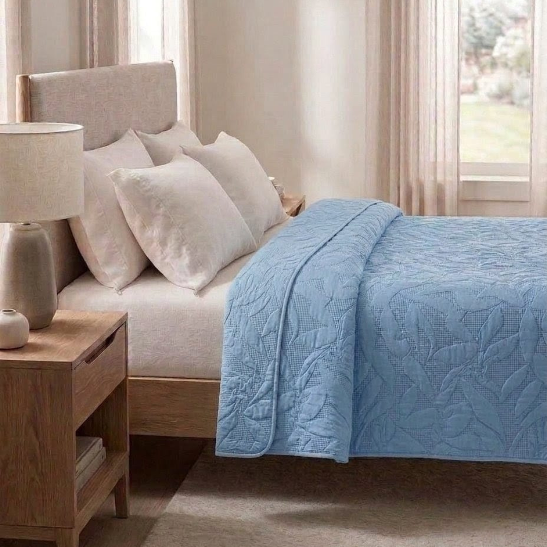 Reversible Dyed Bedspread | Tropical Leaf Texture | Sky Blue