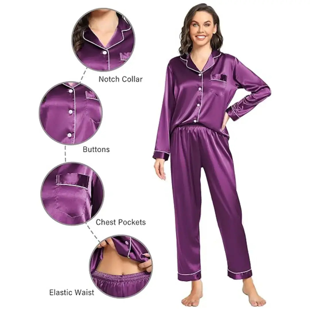 Elovery Purple Silk Satin Pajama Set