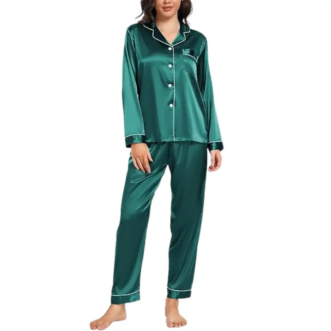 Elovery Green Silk Satin Pajama Set