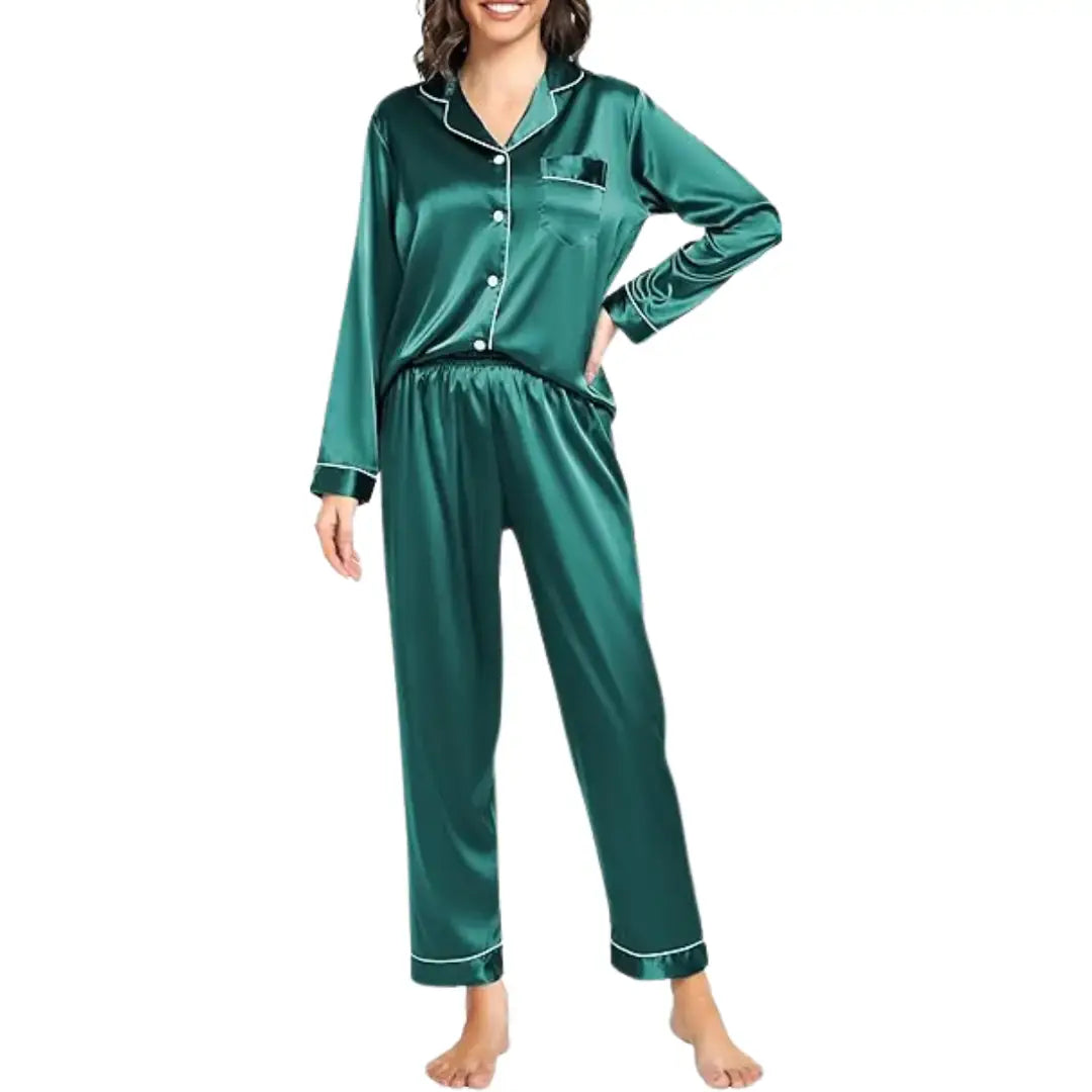 Elovery Green Silk Satin Pajama Set
