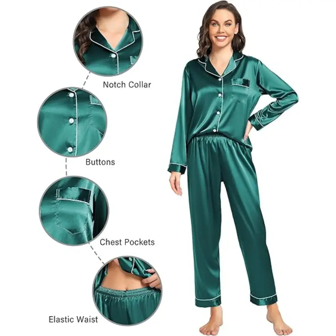 Elovery Green Silk Satin Pajama Set