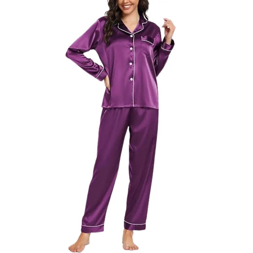 Elovery Purple Silk Satin Pajama Set