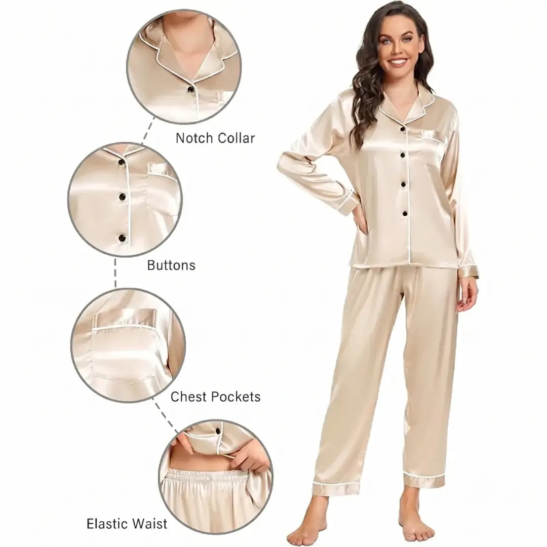 Elovery Beige Silk Satin Pajama Set