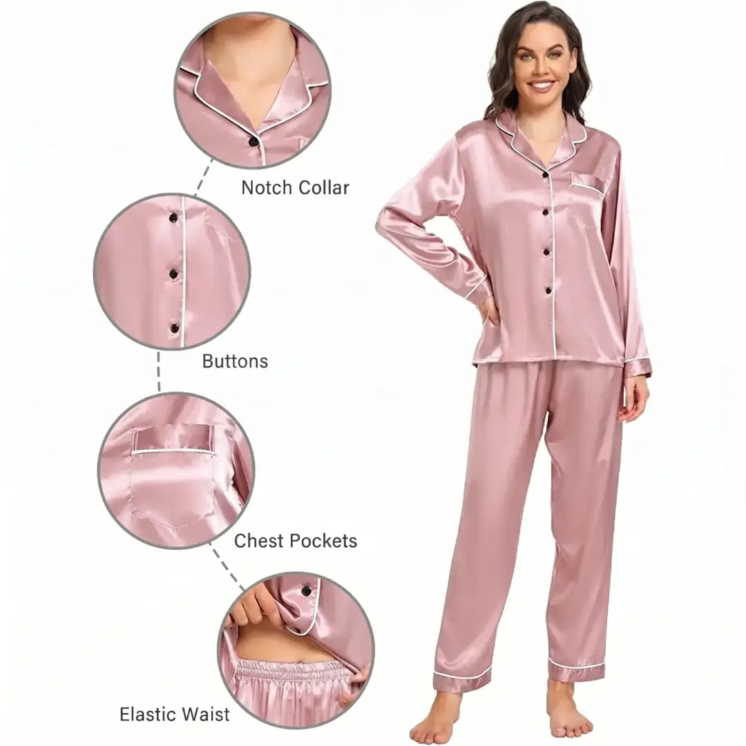 Elovery Pink Silk Satin Pajama Set
