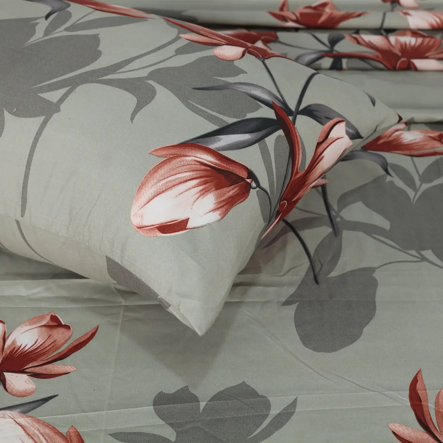 Crimson Magnolia Floral Bedsheet Set - Sage Gray