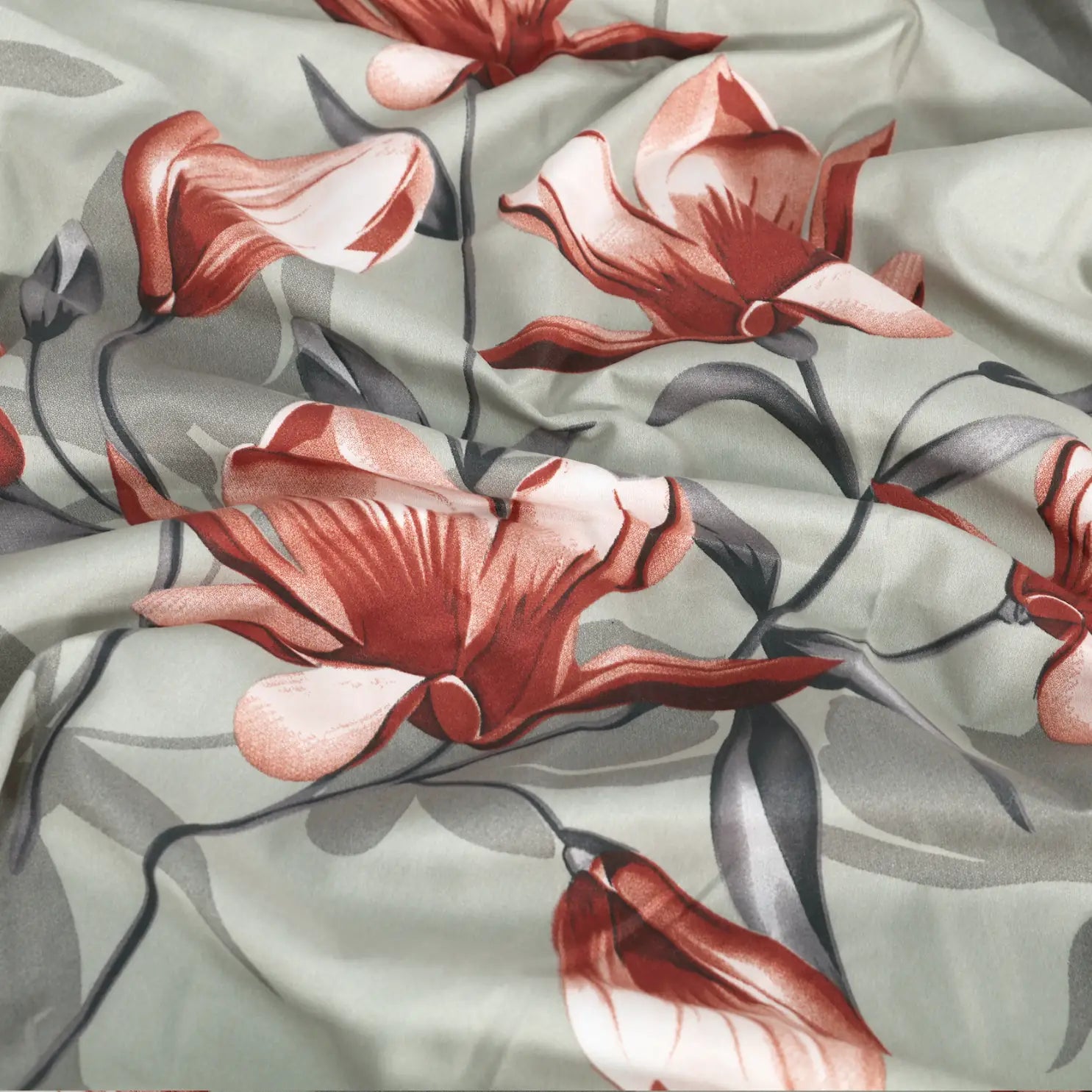 Crimson Magnolia Floral Bedsheet Set - Sage Gray