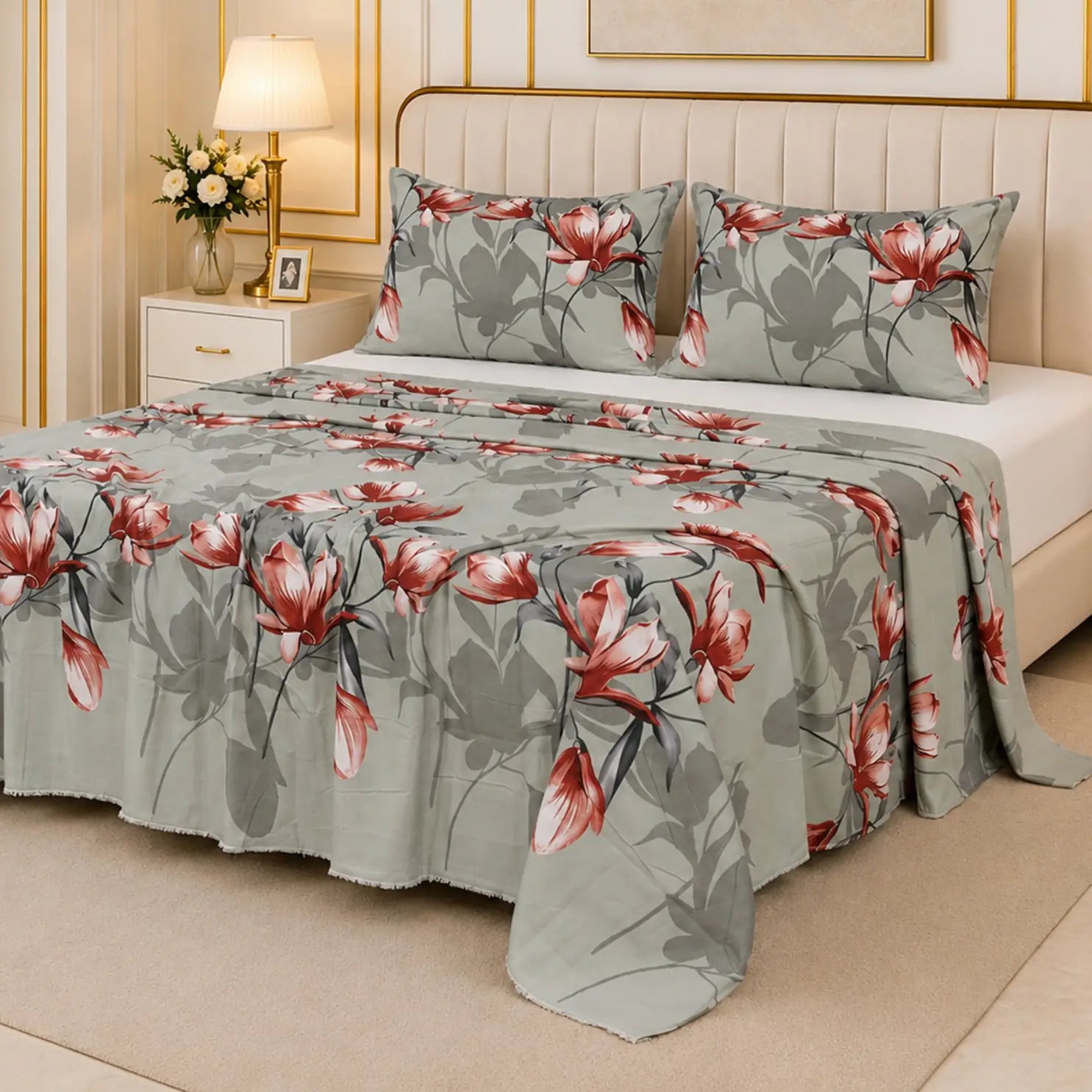 Crimson Magnolia Floral Bedsheet Set - Sage Gray