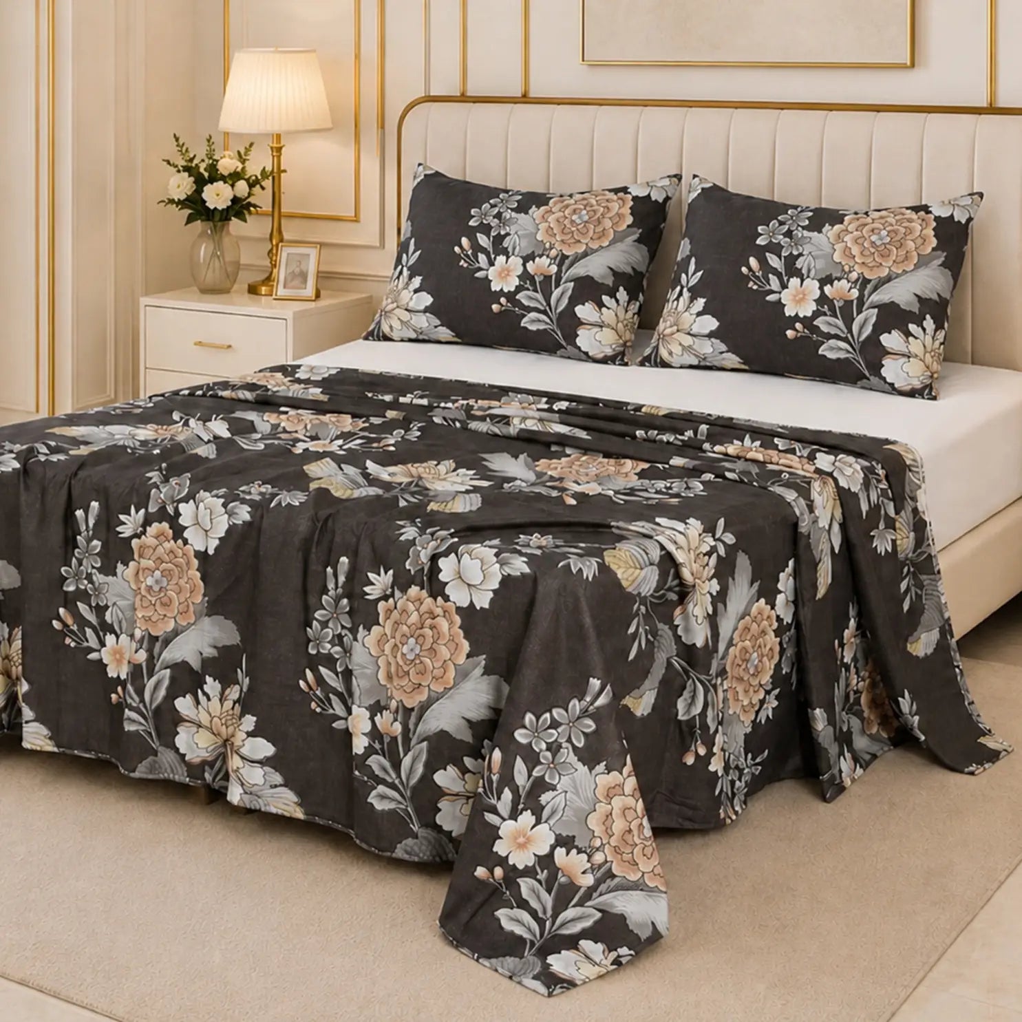 Charcoal Elegance Vintage Peony Bedding Set