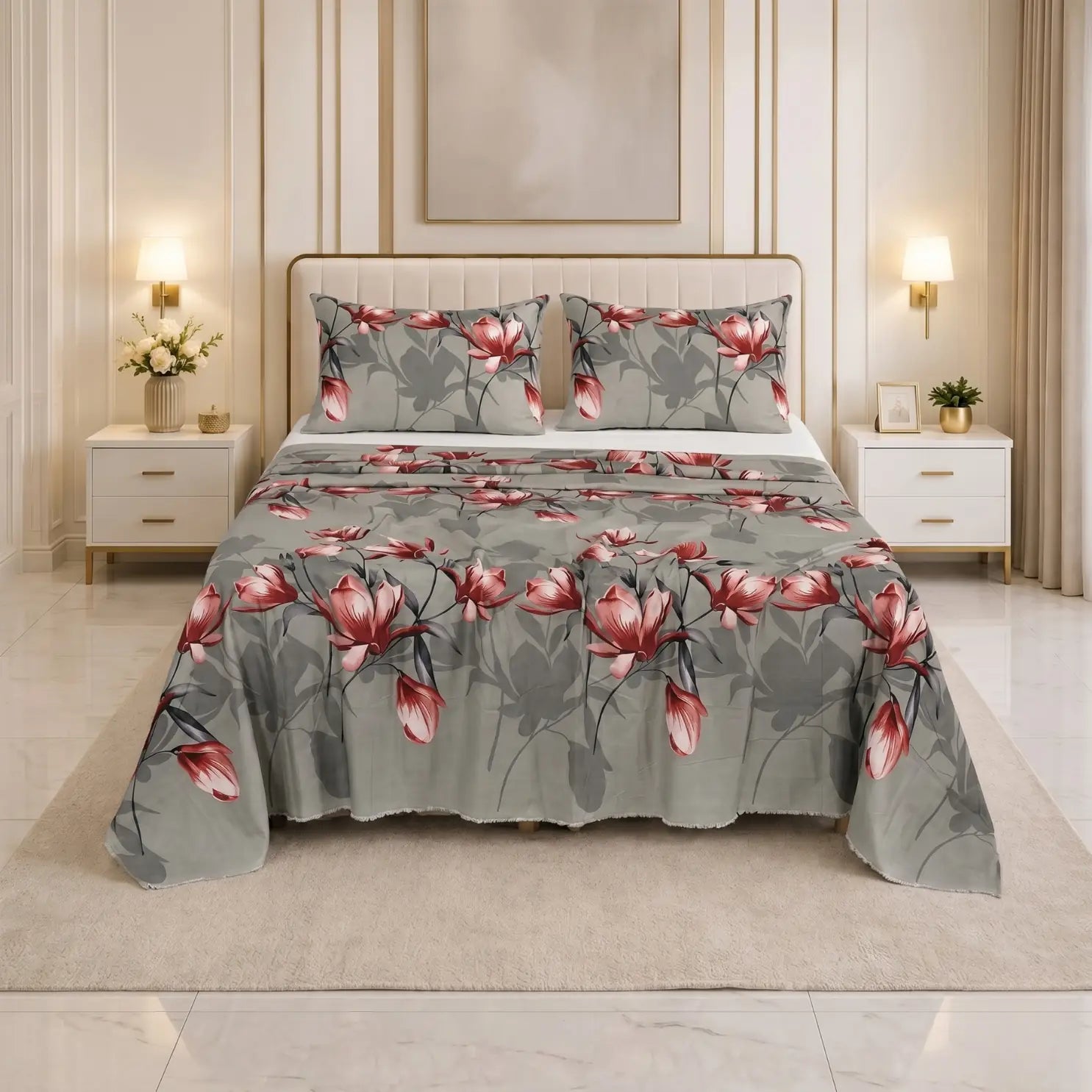 Crimson Magnolia Floral Bedsheet Set - Sage Gray