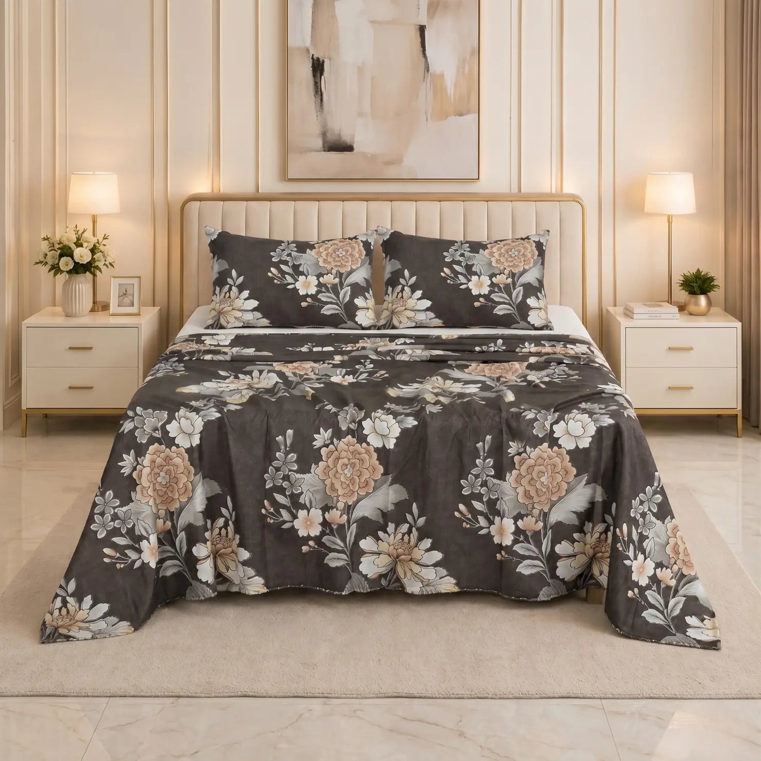 Charcoal Elegance Vintage Peony Bedding Set