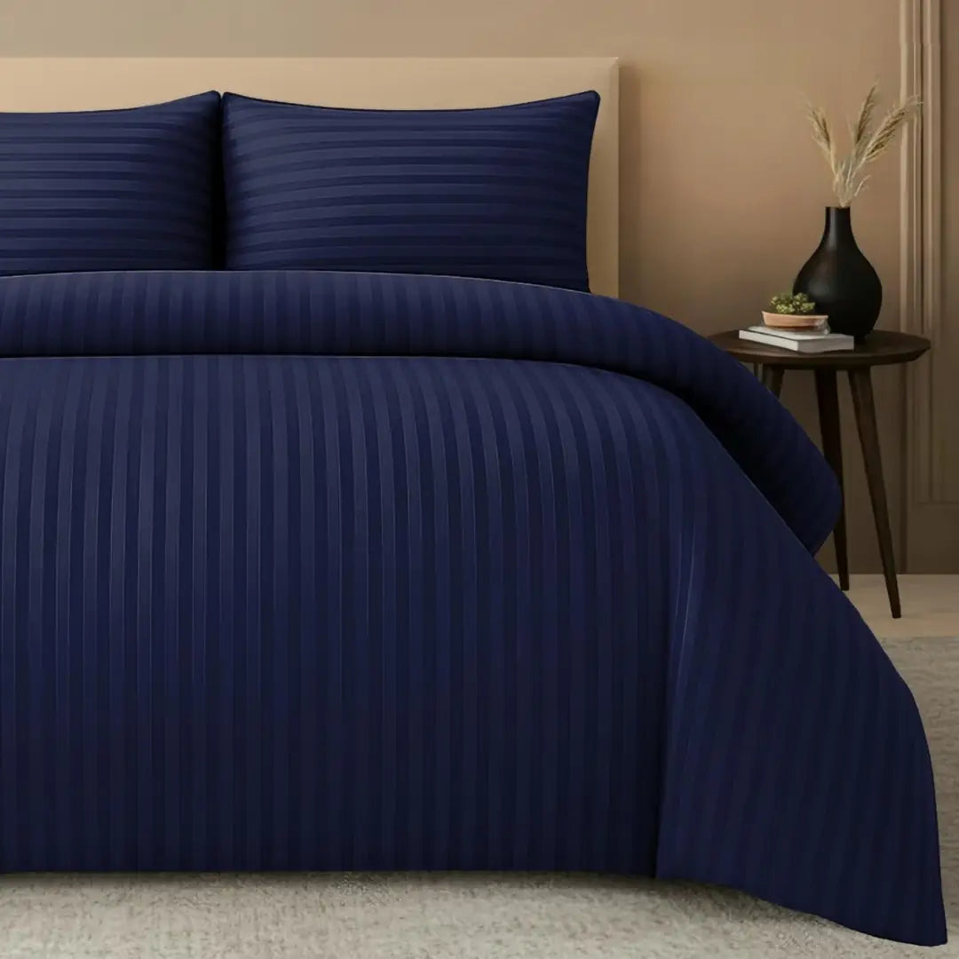 Premium Navy Blue Stripe 4-Piece King Bedding Set – Duvet Cover, Fitted Sheet & Pillowcase Set