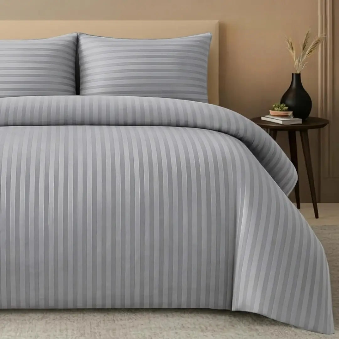King Size Silver Stripe Bedding Set | 4 Piece Duvet Cover Set with Fitted Sheet