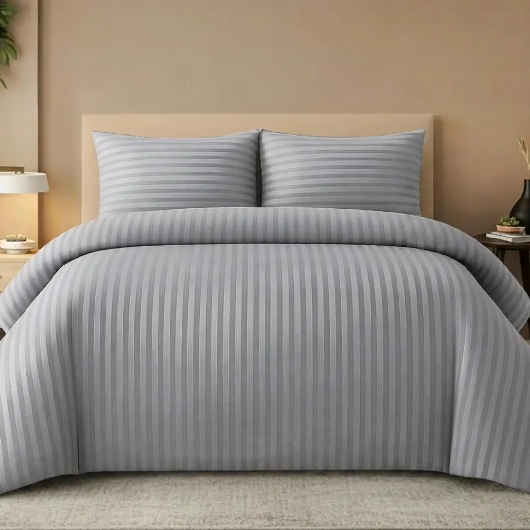 King Size Silver Stripe Bedding Set | 4 Piece Duvet Cover Set with Fitted Sheet