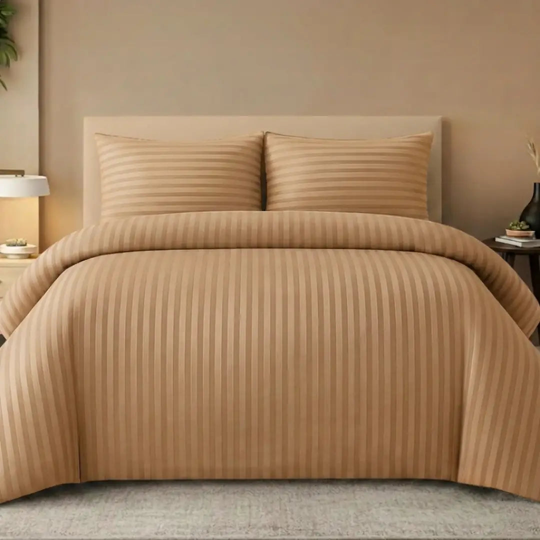 Sand Beige Stripe King Size Bedding Set – 4 Piece Duvet Cover Set with Fitted Sheet