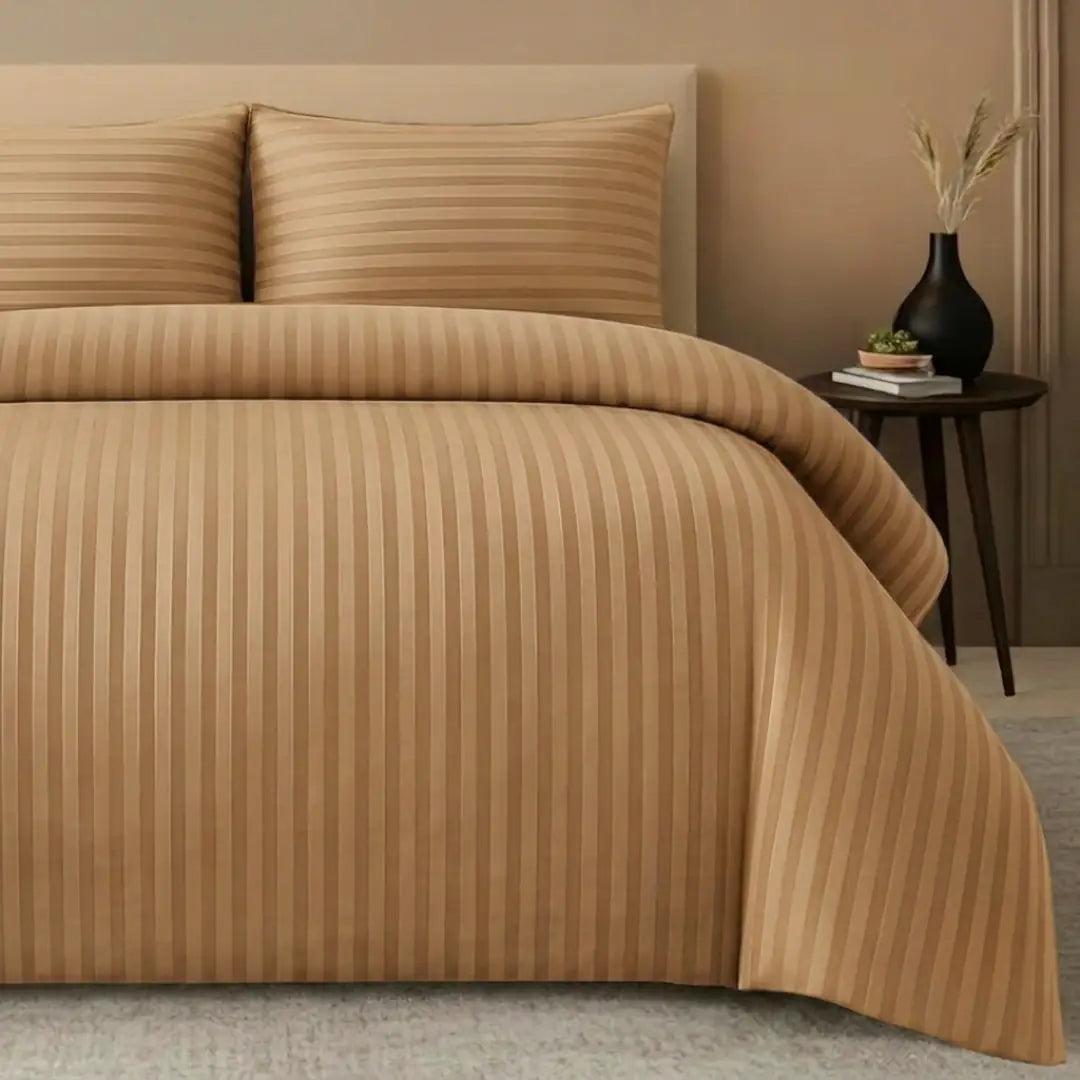 Sand Beige Stripe King Size Bedding Set – 4 Piece Duvet Cover Set with Fitted Sheet