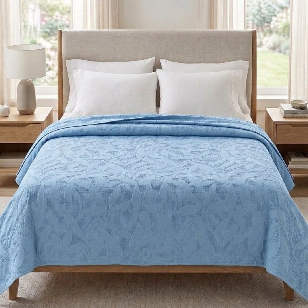 Reversible Dyed Bedspread | Tropical Leaf Texture | Sky Blue