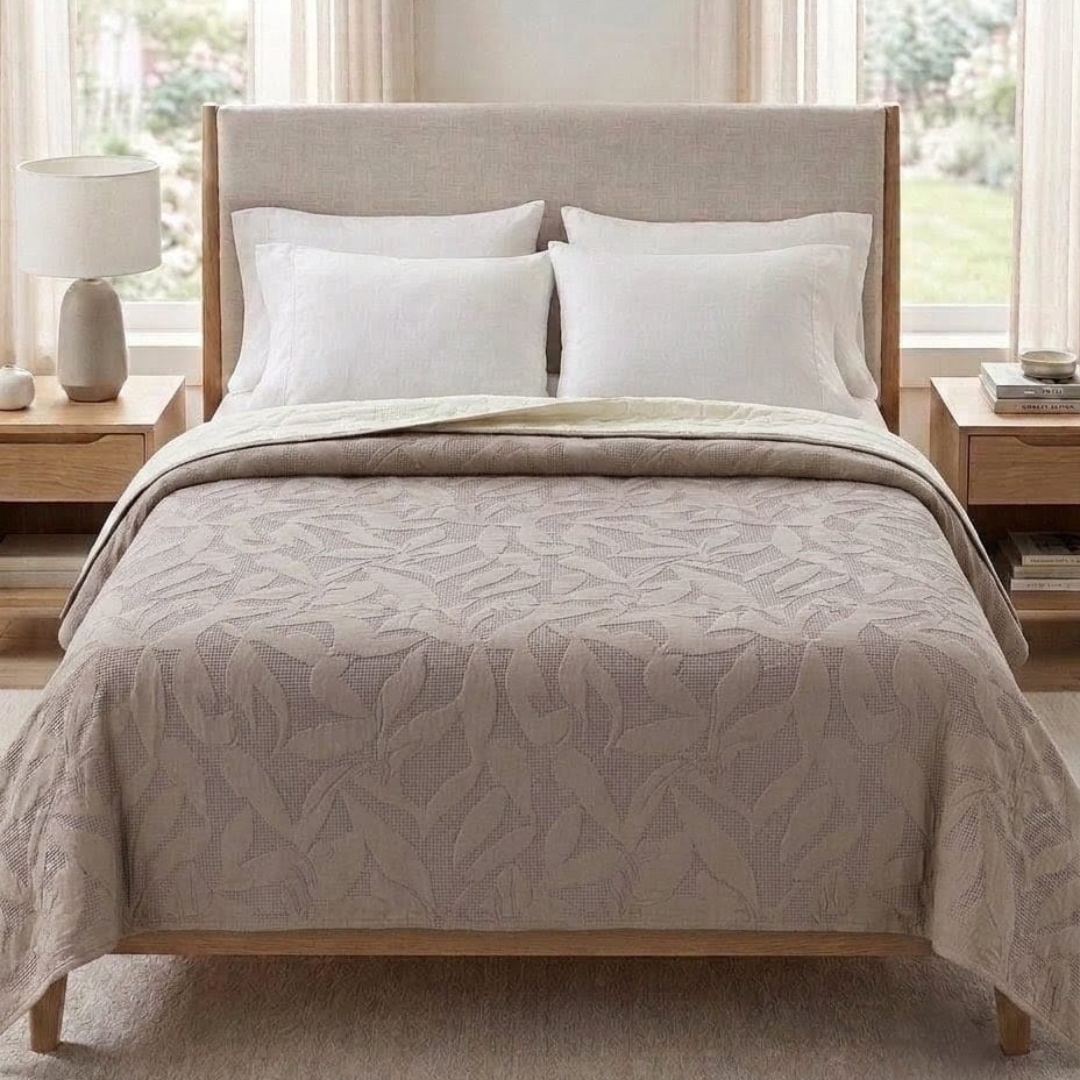Reversible Dyed Bedspread | Tropical Leaf Texture | Beige | Cream