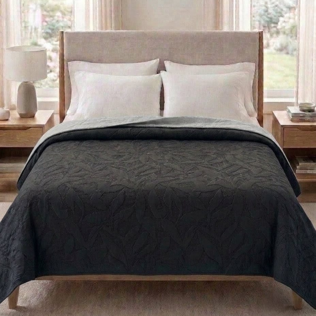 Reversible Dyed Bedspread | Tropical Leaf Texture | Black | Grey