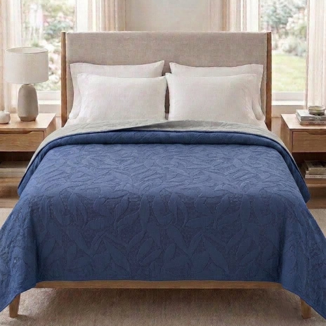 Reversible Dyed Bedspread | Tropical Leaf Texture | Navy Blue | Silver Grey