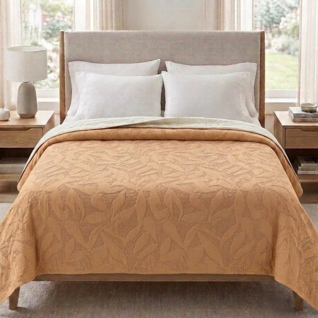 Reversible Dyed Bedspread | Tropical Leaf Texture | Camel | Cream