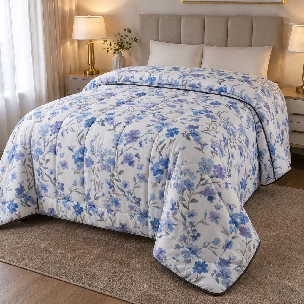 King Size Watercolor Blue Floral Comforter – Quilted Printed Bedding