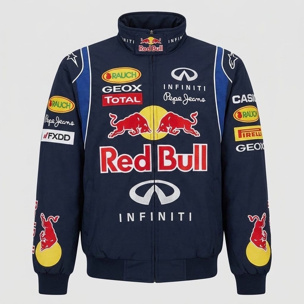 Red Bull Racing Infiniti F1 Jacket | Multi-Logo Embroidered Design | Full Zip Bomber