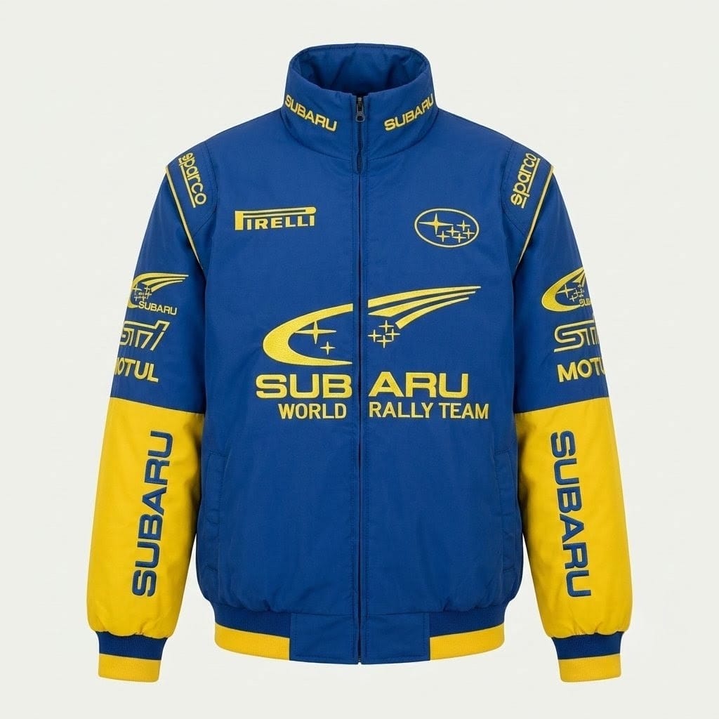 Subaru World Rally Team Racing Jacket | Embroidered Rally Design | Full Zip Bomber