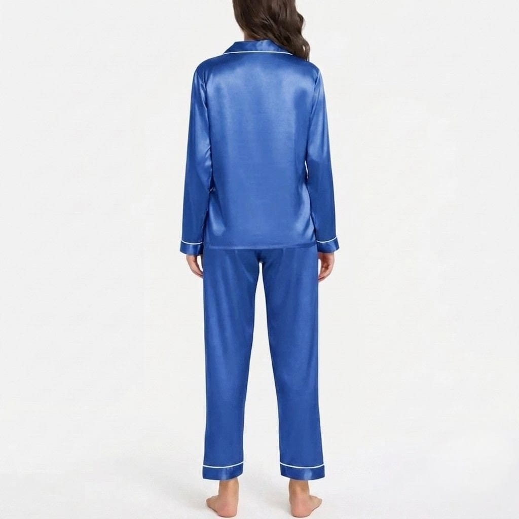 Elovery Silk Nightwear Set for Women | Royal Blue | Full Sleeve Button-Down Shirt & Trouser | Elegant Sleepwear