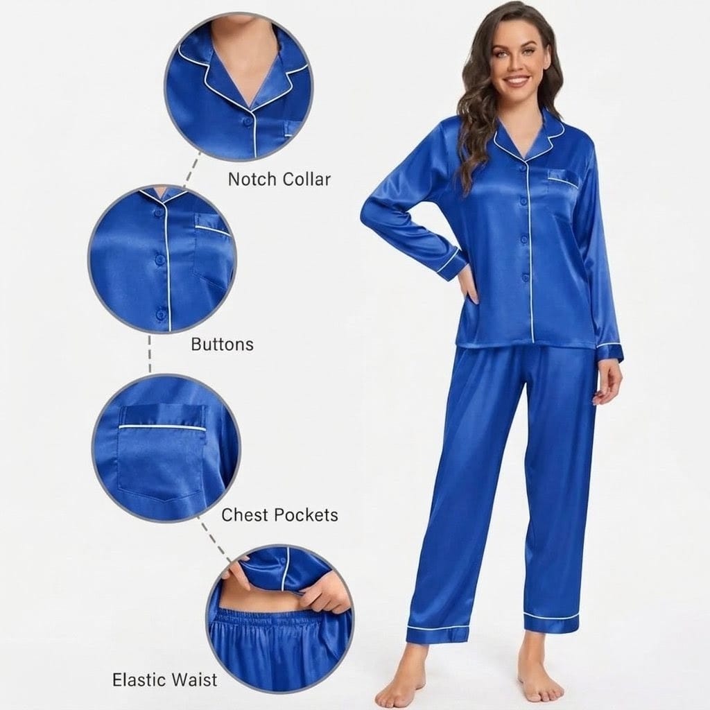 Elovery Silk Nightwear Set for Women | Royal Blue | Full Sleeve Button-Down Shirt & Trouser | Elegant Sleepwear