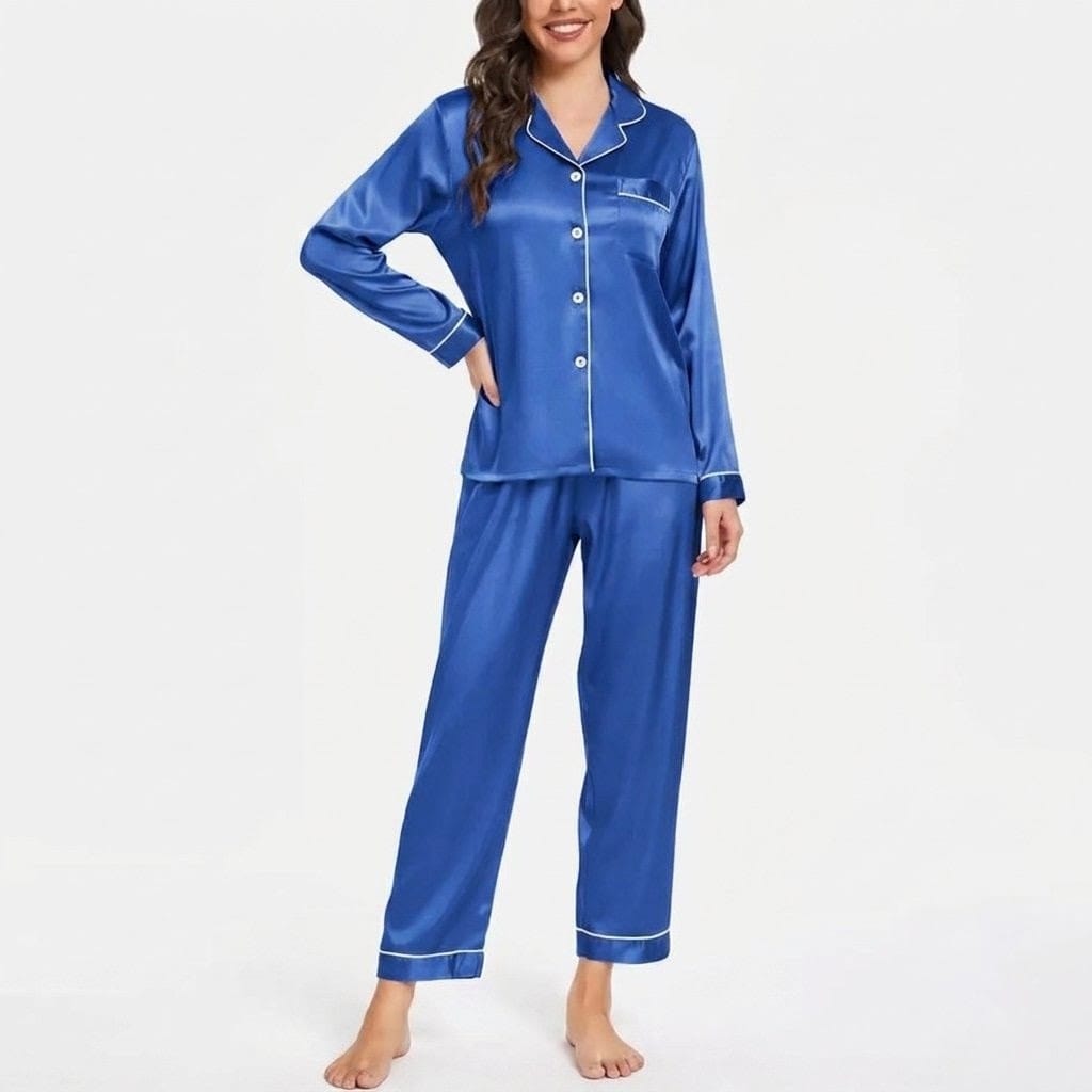 Elovery Silk Nightwear Set for Women | Royal Blue | Full Sleeve Button-Down Shirt & Trouser | Elegant Sleepwear
