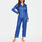 Elovery Silk Nightwear Set for Women | Royal Blue | Full Sleeve Button-Down Shirt & Trouser | Elegant Sleepwear