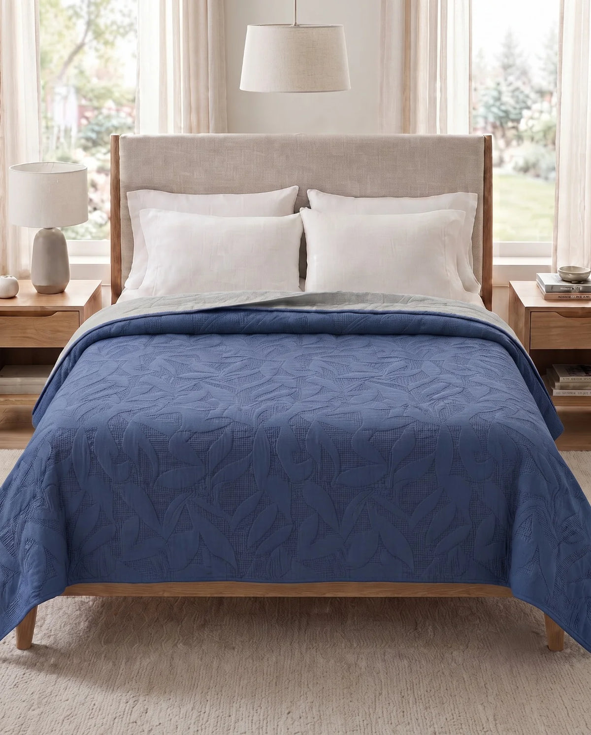 Reversible Dyed Bedspread | Tropical Leaf Texture | Navy Blue | Silver Grey