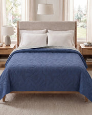 Reversible Dyed Bedspread | Tropical Leaf Texture | Navy Blue | Silver Grey