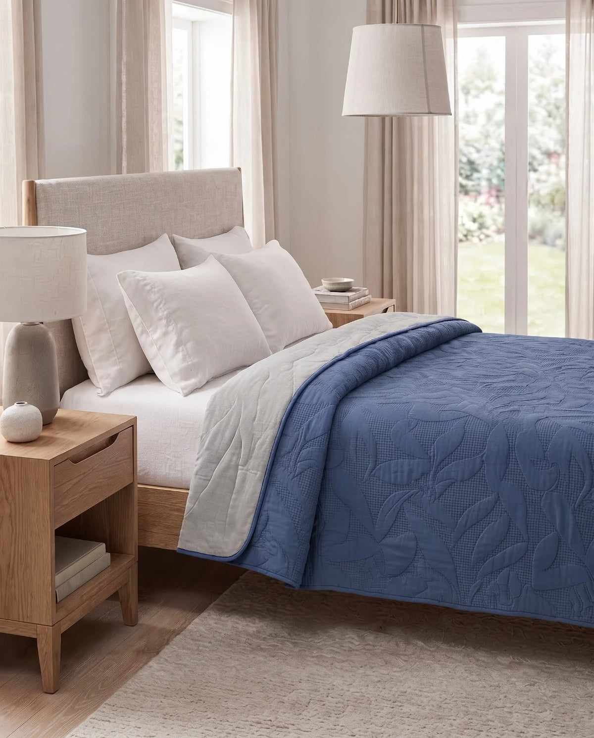 Reversible Dyed Bedspread | Tropical Leaf Texture | Navy Blue | Silver Grey