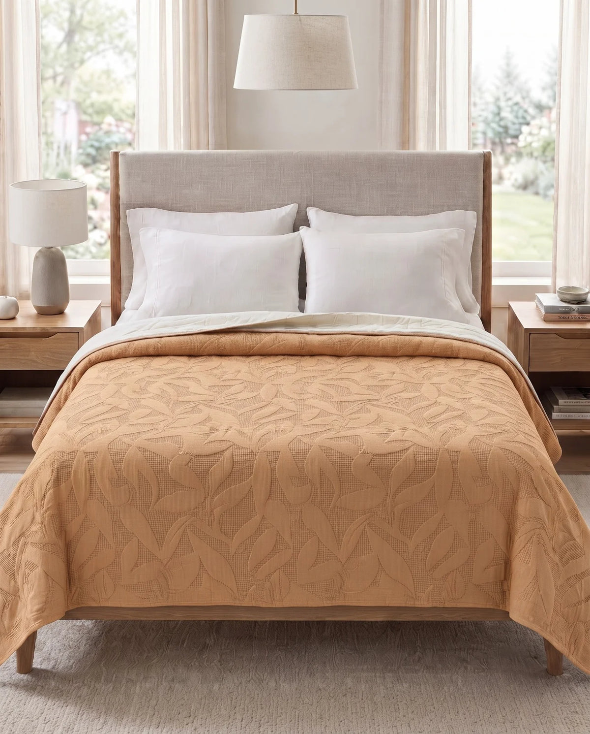 Reversible Dyed Bedspread | Tropical Leaf Texture | Beige