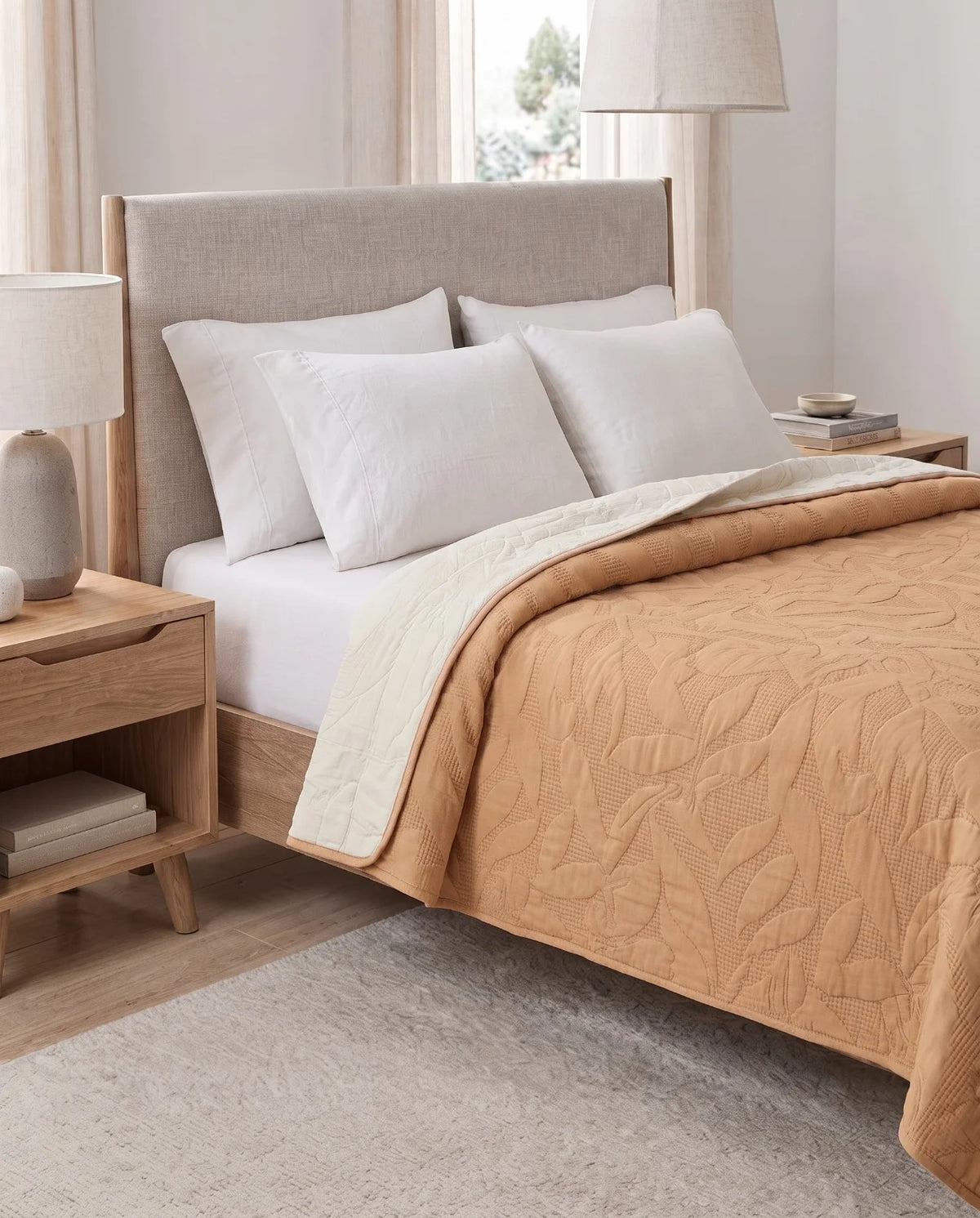 Reversible Dyed Bedspread | Tropical Leaf Texture | Camel | Cream