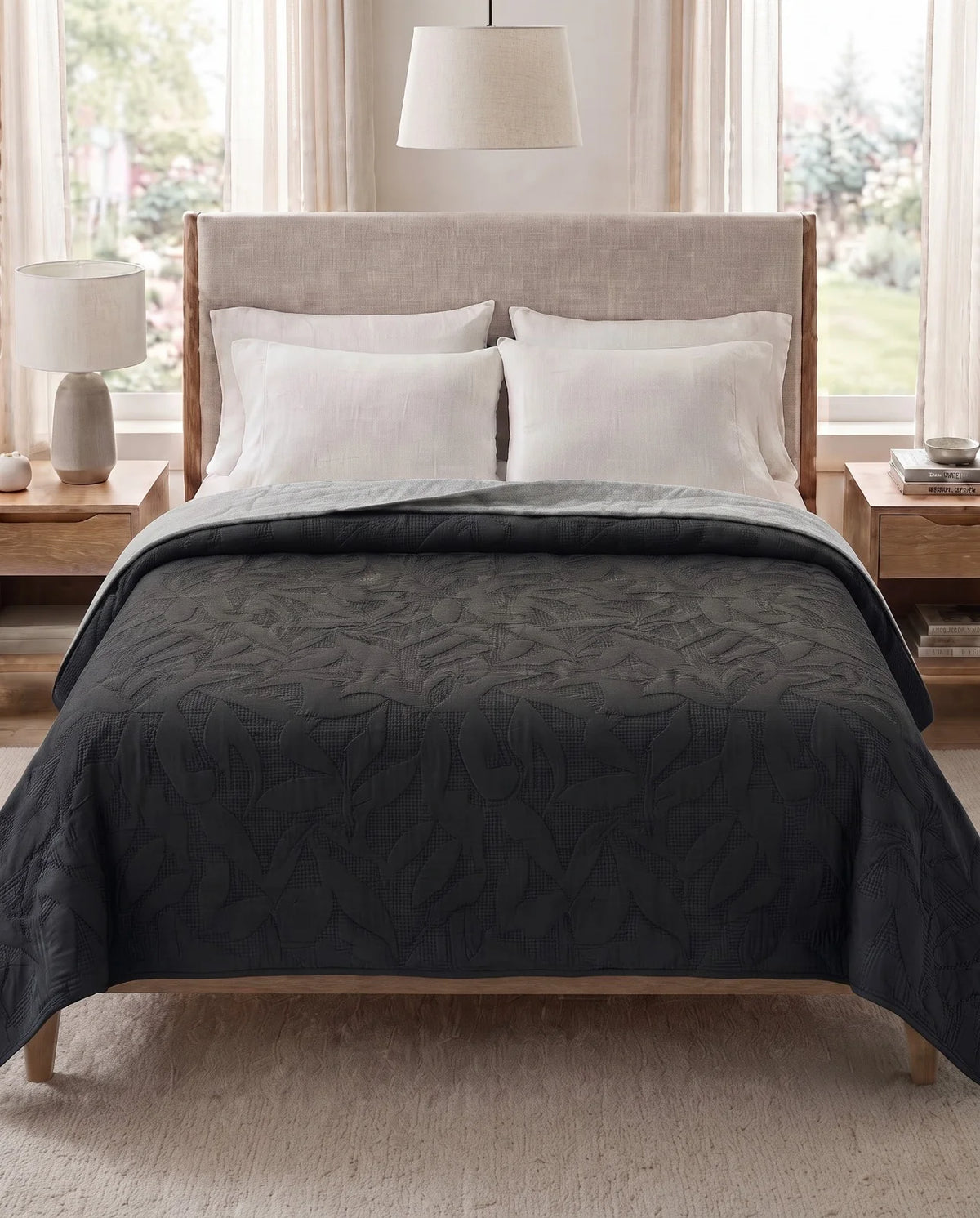 Reversible Dyed Bedspread | Tropical Leaf Texture | Black | Grey