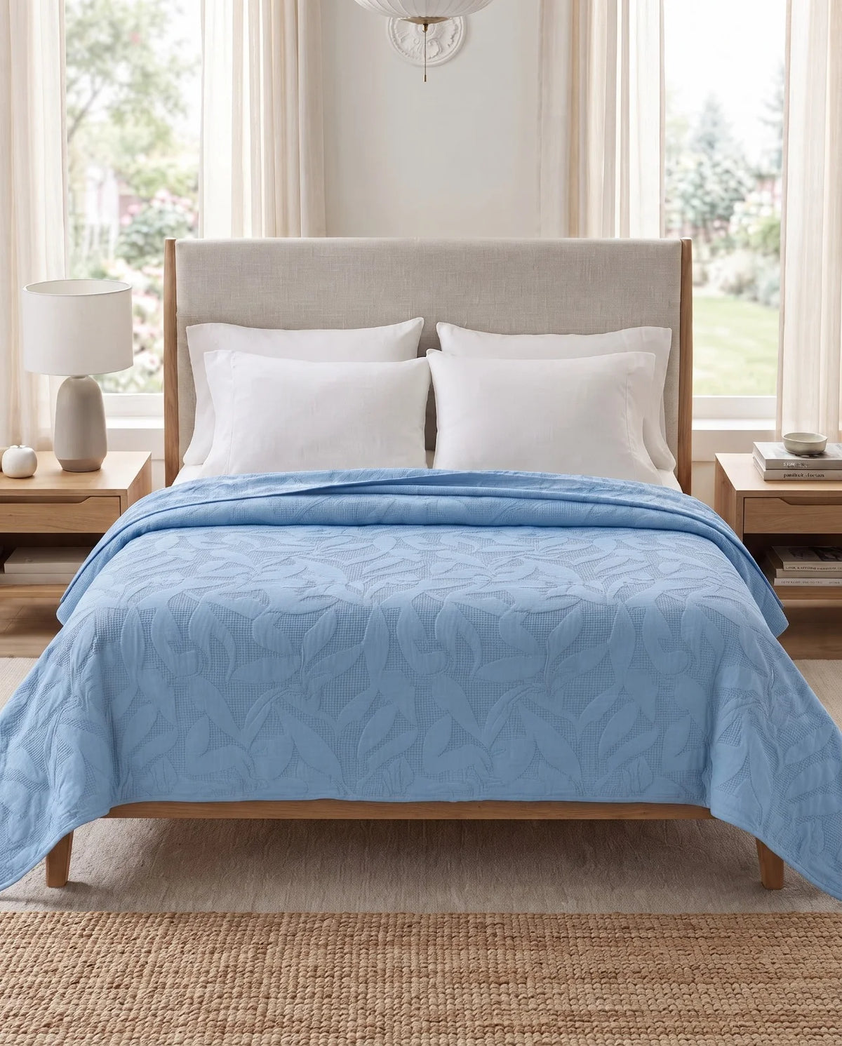 Reversible Dyed Bedspread | Tropical Leaf Texture | Sky Blue