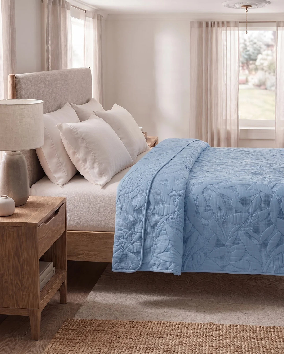 Reversible Dyed Bedspread | Tropical Leaf Texture | Sky Blue