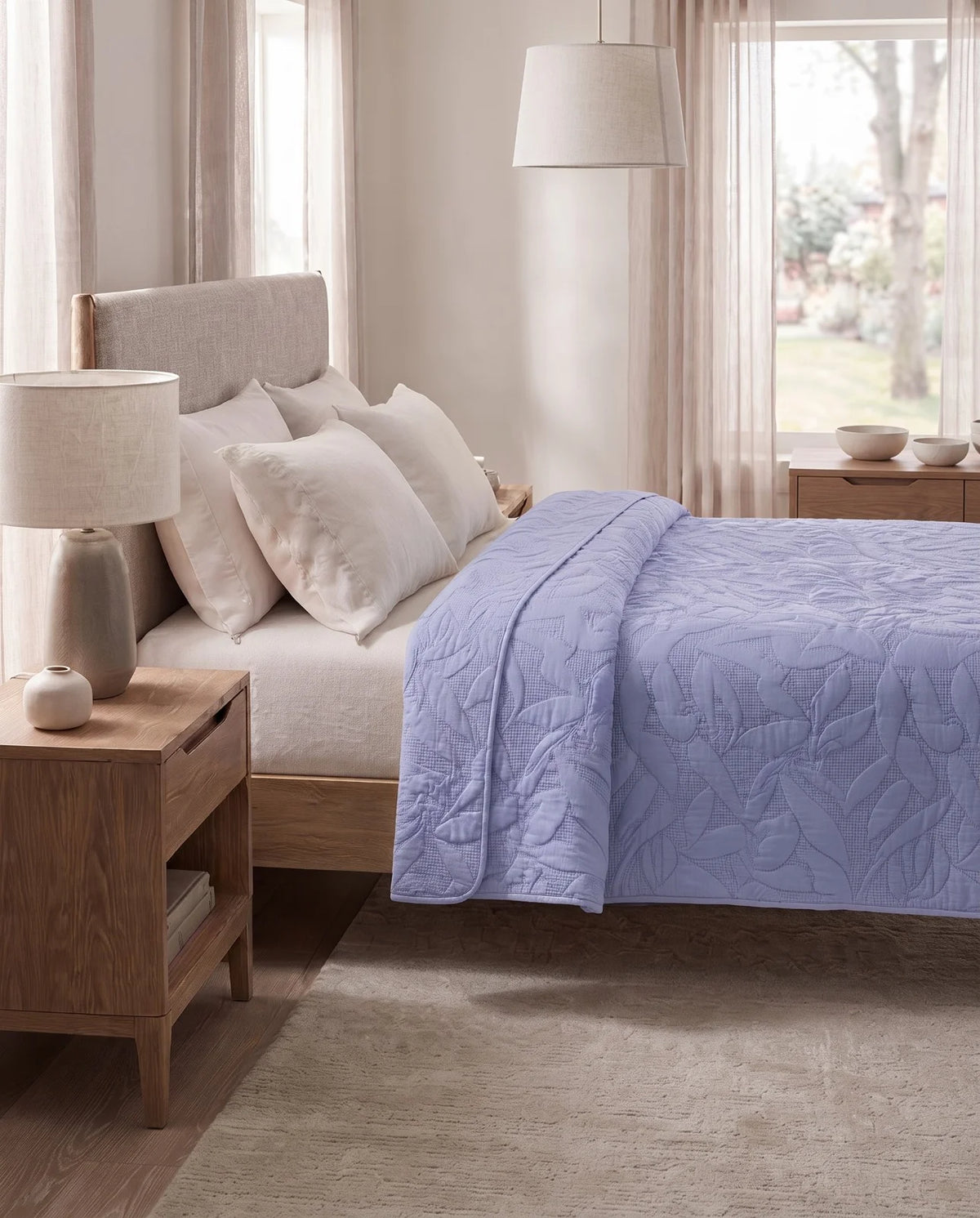 Reversible Dyed Bedspread | Tropical Leaf Texture | Periwinkle