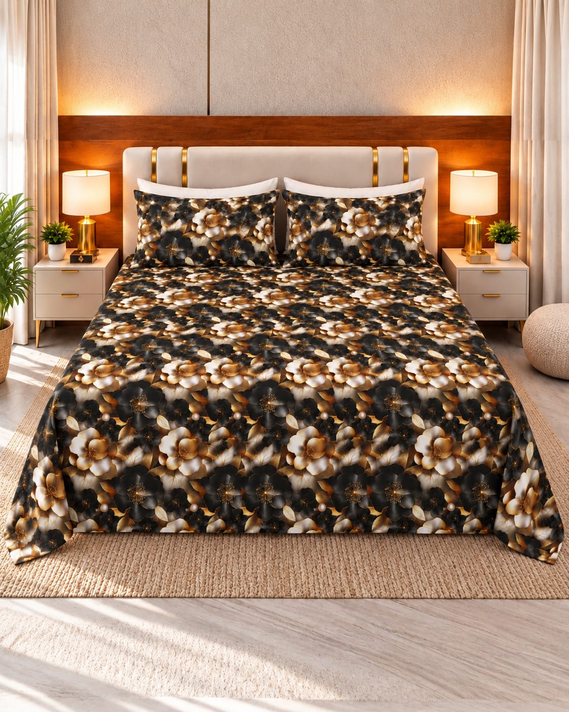 Black & Gold Floral 3D Bedsheet | 3 Pieces