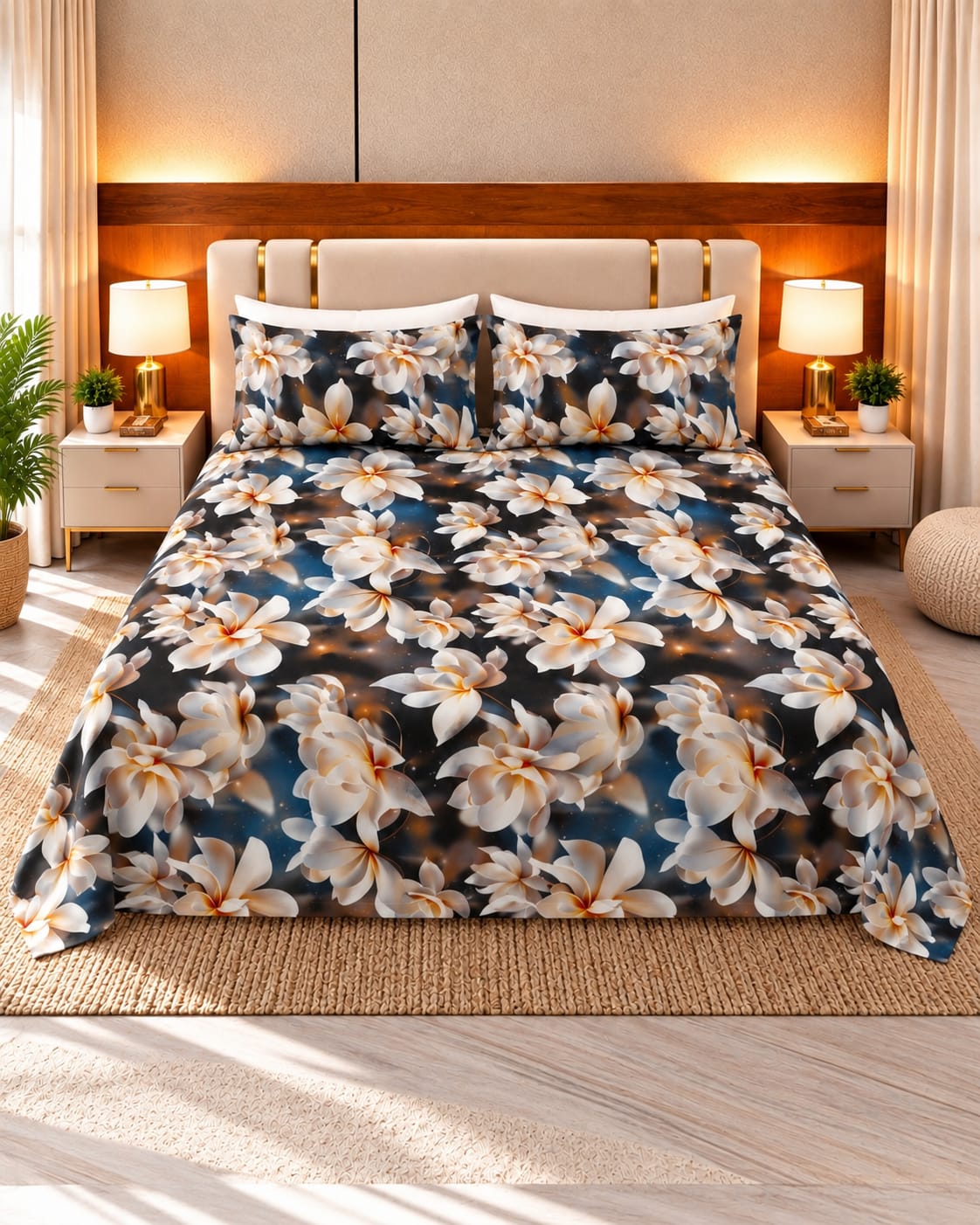 3D White Flower on blue _ 3 Piece Bedsheet