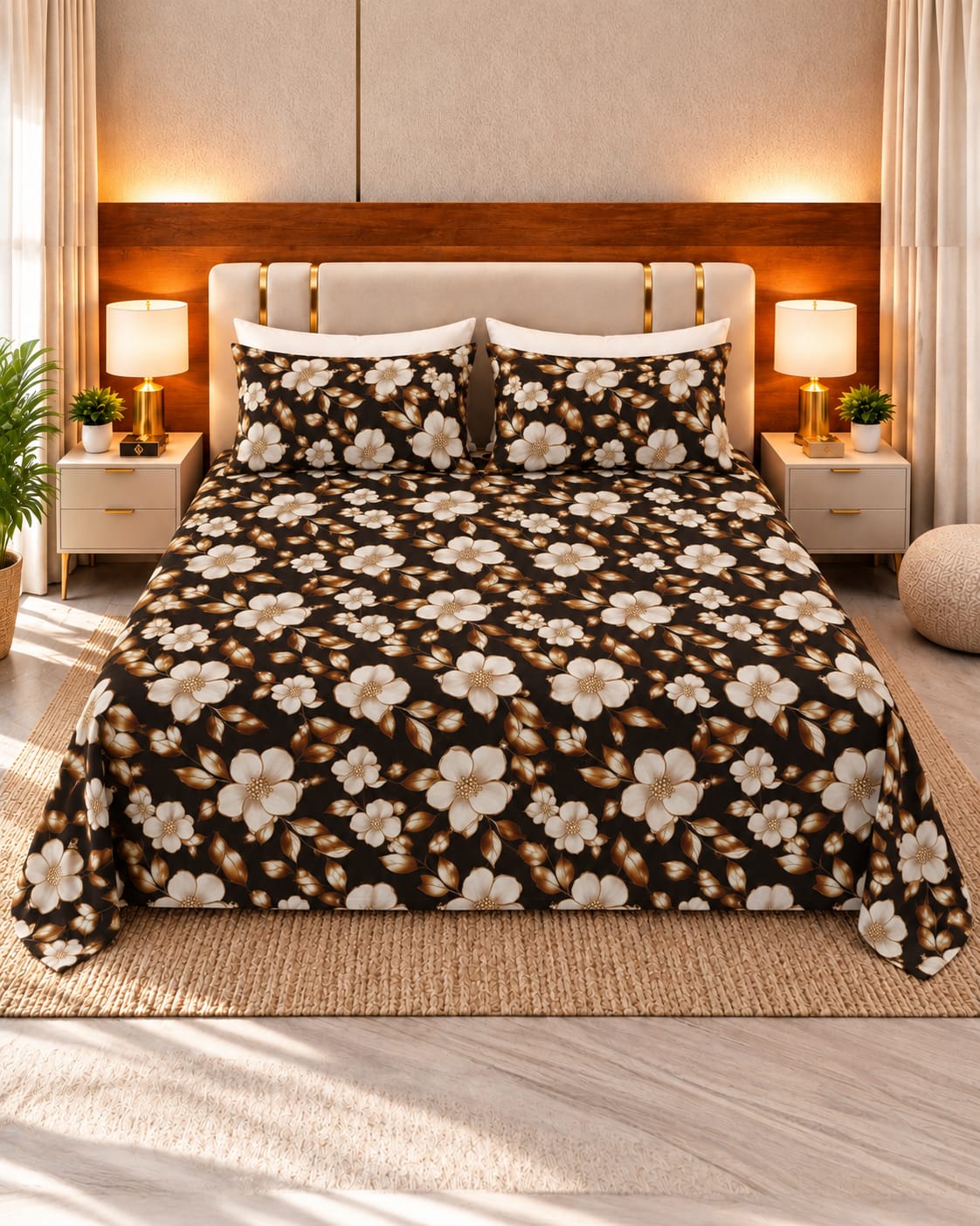 Dark Brown 3D bedsheet with white flower | 3 Piece