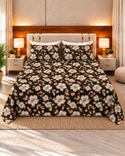 Dark Brown 3D bedsheet with white flower | 3 Piece