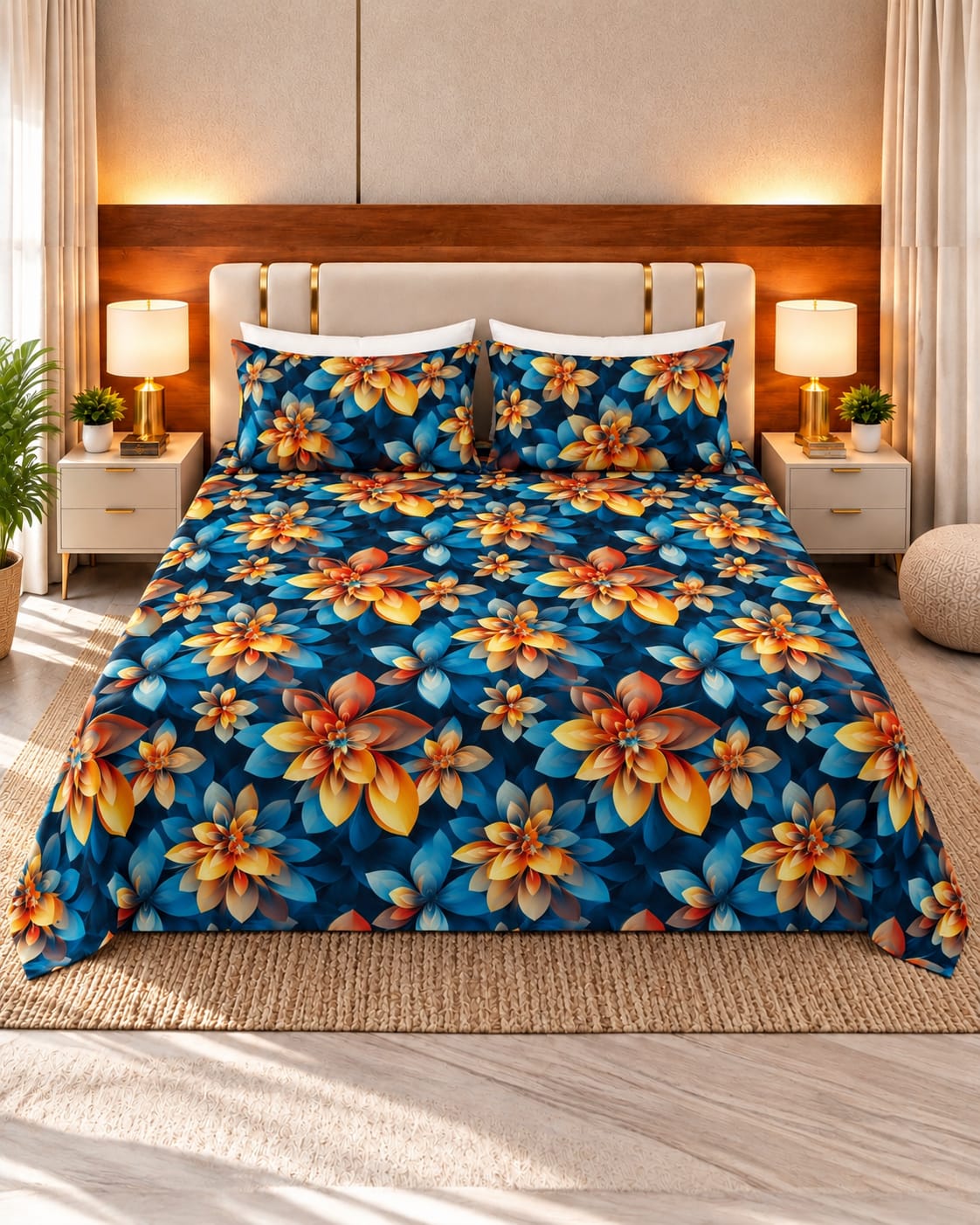 Blue & Orange 3D Design Bedsheet Set | 3 Piece