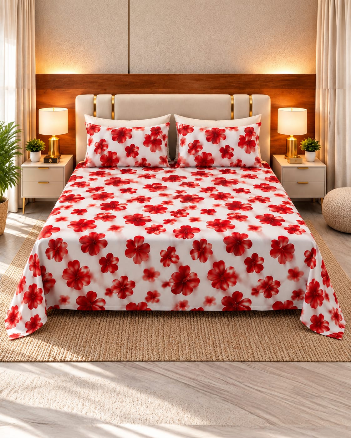 Red Bloom 3D Bedsheet Set - 3 piece